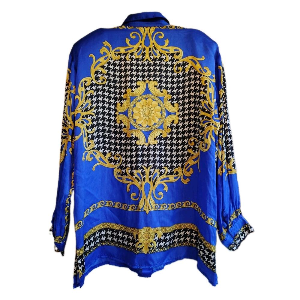 VTG 80s 90s Aris A 100% Silk Baroque Houndstooth Blouse L Royal Blue Gold... - Picture 2 of 11